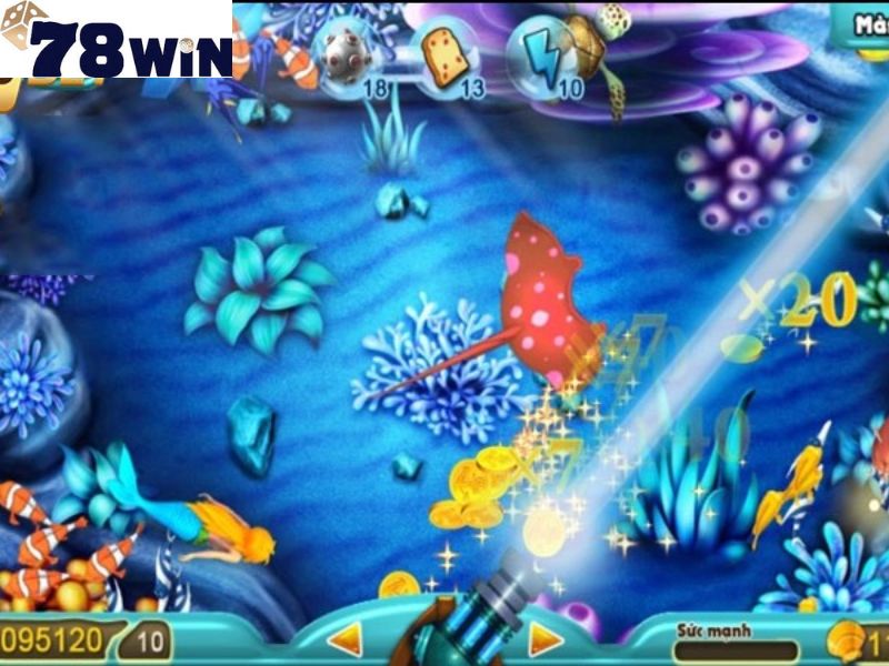 Màn hình game bắn cá với cá, vật phẩm và chỉ số sức mạnh đạn.